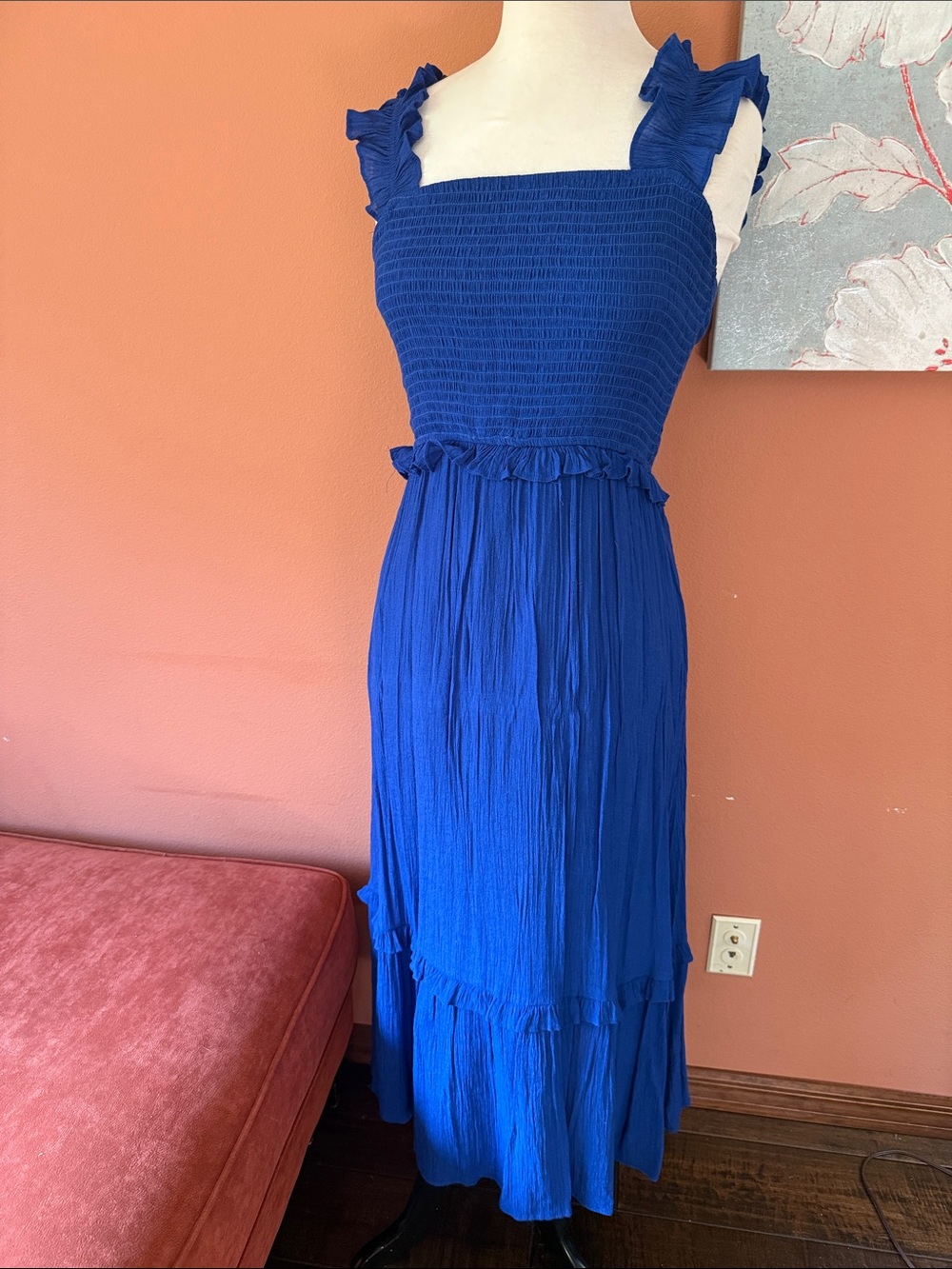 Royal Blue Smocked Ruffle Strap Maxi Dress